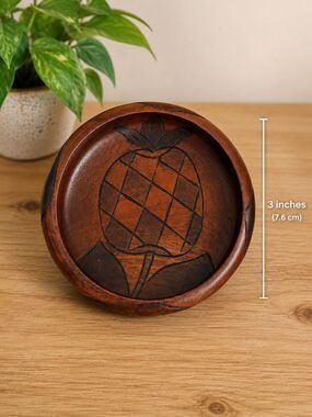 Hand Carved Wooden Pineapple Trinket Dish Bowl Decorative Catchall 6" Round